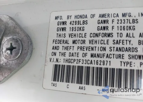 2012 Honda Accord 2.4 Lx z USA, uszkodzony, nr VIN 1HGCP2F33CA162971